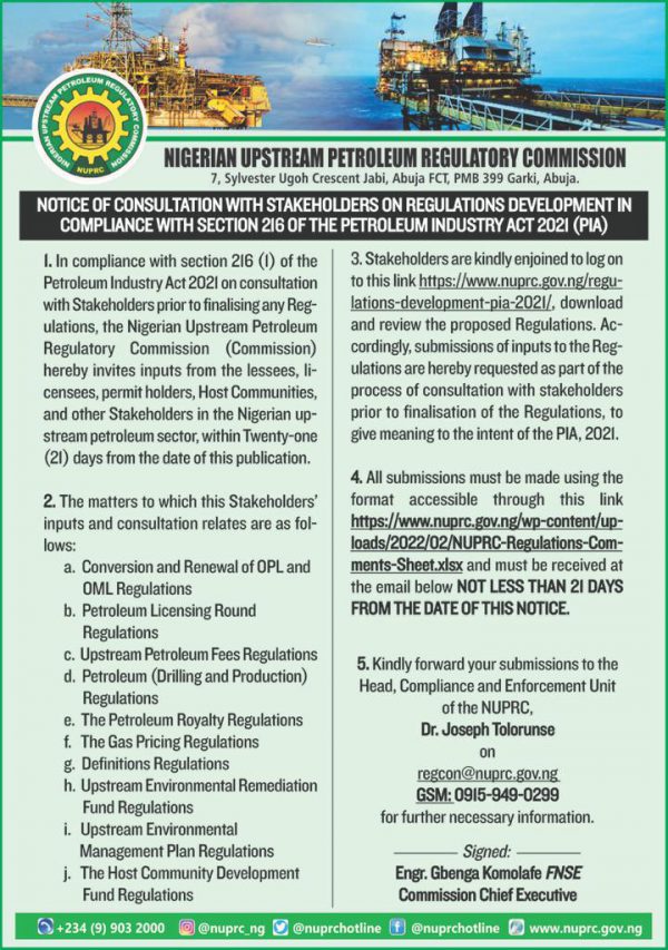 Notification Of Consultation With Stakeholders On Regulations